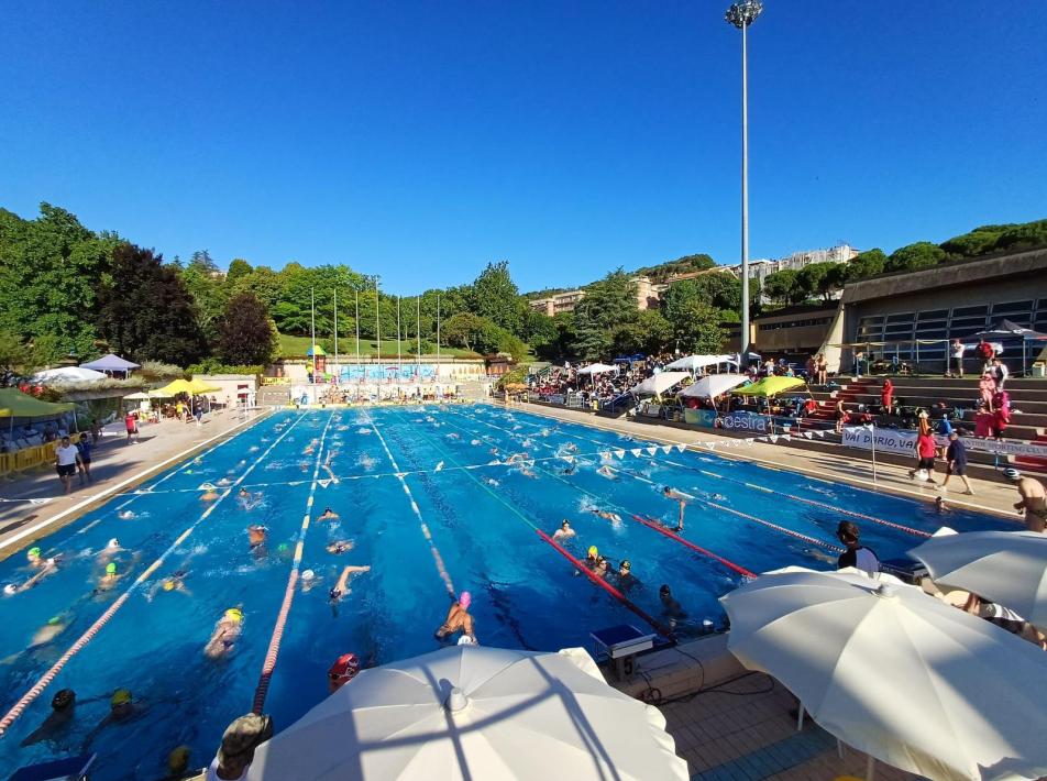Piscina all'aperto con nuotatori durante una competizione, circondata da spettatori e verde.