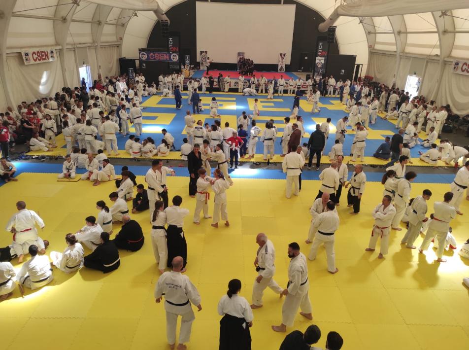 Evento di arti marziali con numerosi partecipanti in un grande spazio coperto.