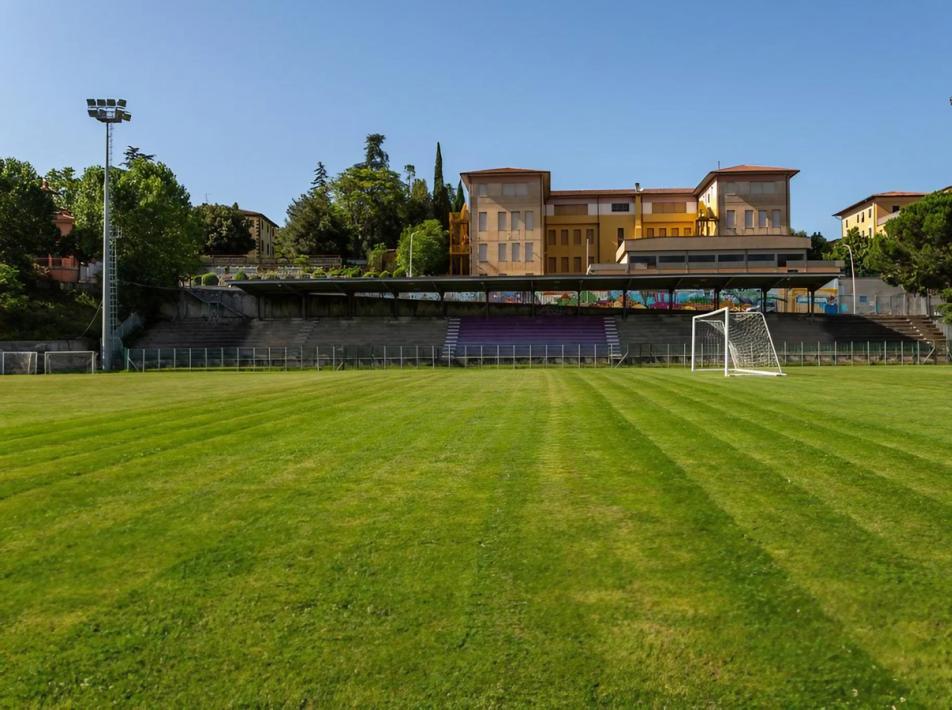 Campo da calcio con tribune e edificio sullo sfondo, cielo sereno.